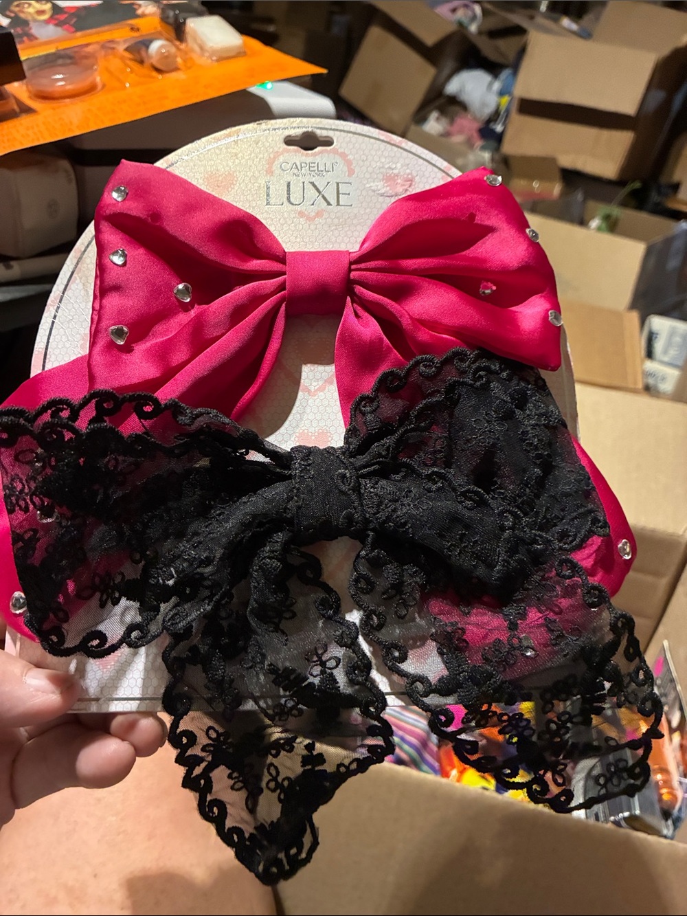 Capelli of New York Satin Hot Pink & Black Lace Bow Set